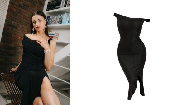 Czarna sukienka ołówkowa z odkrytymi ramionami, z subtelnym połyskiem i rozcięciem u dołu – wieczorowa elegancja w stylu glamour, prezentowana w kampanii SHEIN x Rafferiza.