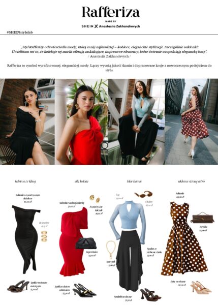 Anastasiia Zakhandrevych prezentuje cztery kobiece stylizacje z kolekcji Rafferiza w kampanii SHEIN Style Lab – elegancką małą czarną, ognistą czerwień, lekki zestaw biurowy oraz sukienkę w grochy inspirowaną stylem retro. Ubrania zestawione z dodatkami i podpisami tworzą wizualny lookbook nowoczesnej elegancji.