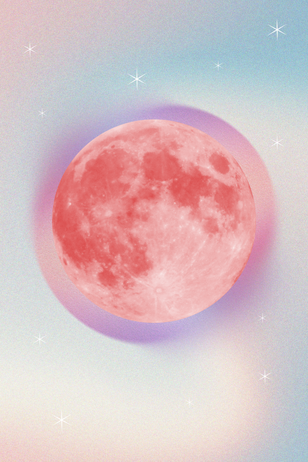 Wielki roczny horoskop 2025 dla wszystkich znaków zodiaku. Grafika z różowym księżycem w z wibrującą łuną na jasnym tle.