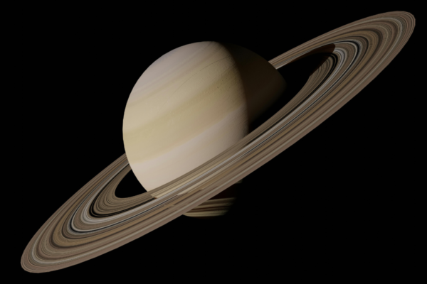 Planeta Saturn widoczna na tle czarnego nieba, z wyraźnie widocznymi pierścieniami, które otaczają jej szeroki, gazowy dysk. Pierścienie, złożone z lodu i pyłu, są wyraźnie widoczne w kontrastowych odcieniach bieli i szarości. Saturn ma żółtawy odcień, z subtelnymi pasami atmosferycznymi na jego powierzchni.