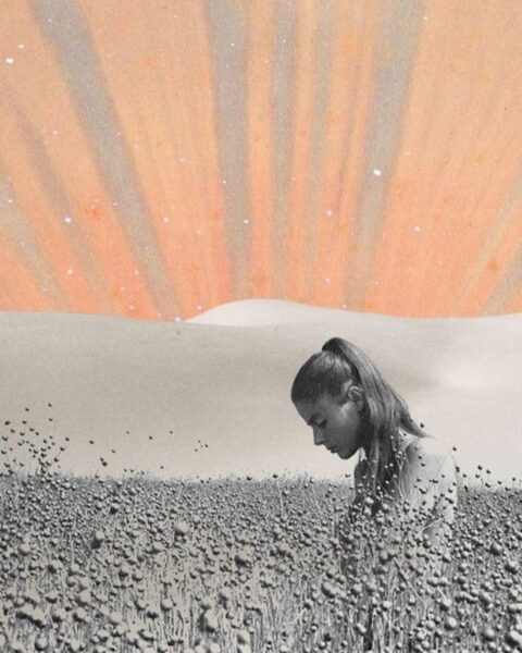 Ilustracja w stylu astrologicznym. Widać na nim kobietę na łące, otoczoną wysokimi kwiatami. Za nią widać niebo z promieniami słońca.