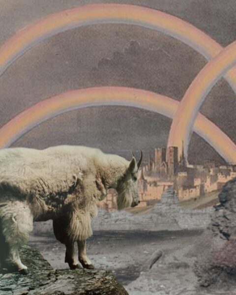 Grafika w stylu ezoterycznym. Znajduje się na niej baran stojący na kamiennej półce na wielkiej górze. W tle widać dolinę, panoramę miasta oraz niebo poprzecinane kilkoma tęczami.