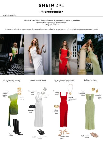 Kolaż promocyjny kampanii SHEIN BAE x Littlemooonster96, prezentujący Angelikę Muchę w czterech letnich stylizacjach – sukienki na imprezę, romantyczną kolację, eleganckie wyjście i codzienny look z klasą