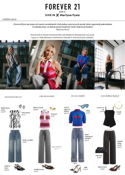 Stylizacje Martyny Zabierajskiej: Martyna Pysia w kampanijnym ujęciu promującym kolekcję Forever 21 x SHEIN. Ubrana w dżinsowy top na ramiączkach, pozuje na tle Pałacu Kultury i Nauki. U dołu widoczne logo Forever 21 oraz napis „MADE BY SHEIN x Martyna Pysia”. Zdjęcie symbolizuje połączenie światowej marki z osobistym stylem influencerki.