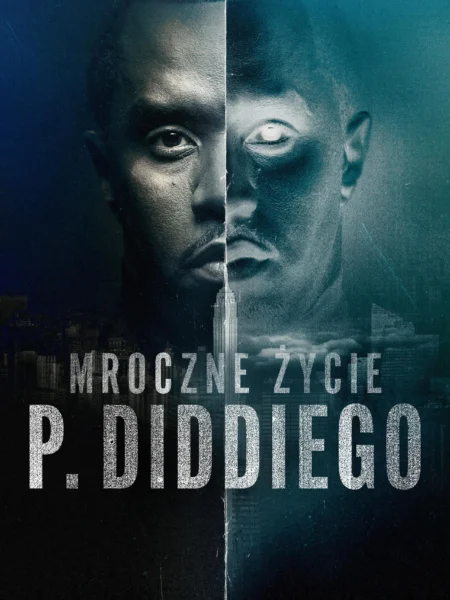 Plakat dokumentu zatytułowanego „Mroczne życie P. Diddiego”. Przedstawia podzielony pionowo portret mężczyzny – po lewej stronie realistyczny, oświetlony w ciemnych barwach, po prawej stronie zniekształcony, negatywowy, z białym, nienaturalnym okiem. W tle zarys nocnego miasta, a na środku wyraźny napis: „MROCZNE ŻYCIE P. DIDDIEGO” dużymi literami.