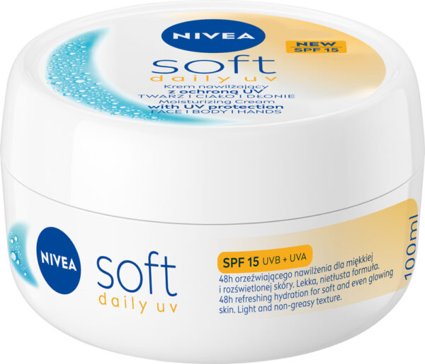 Biały słoiczek kremu nawilżającego NIVEA Soft Daily UV SPF 15 z żółtym i niebieskim nadrukiem. Produkt przeznaczony do codziennej pielęgnacji twarzy, ciała i dłoni, zapewniający nawilżenie i ochronę przed promieniowaniem UV.