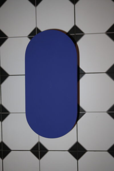 Zbliżenie na górną część zamkniętego etui Dyson Airwrap i.d.™ Straight+Wavy w kolorze chabrowym. Wyraźnie widoczne tłoczone logo „Dyson” na matowej powierzchni. Stylowy detal wykończeniowy.