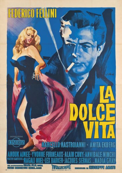 Ilustrowany plakat filmu 'La Dolce Vita' w reżyserii Federico Felliniego; po lewej stronie kobieta w czarnej sukni z rozcięciem i rozwianym różowym szalem, po prawej niebieski portret mężczyzny z papierosem. Tytuł filmu w dużych żółtych literach oraz nazwiska twórców i obsady na dole.