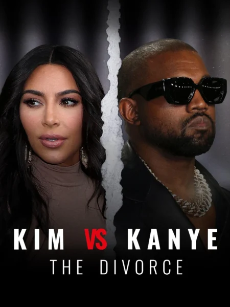 Plakat dokumentu „Kim vs Kanye: The Divorce” przedstawia podzielone zdjęcie Kim Kardashian i Kanye Westa. Po lewej stronie Kim, w brązowym stroju, z długimi ciemnymi włosami, patrzy w bok. Po prawej stronie Kanye w ciemnych okularach przeciwsłonecznych, z łańcuchem na szyi i poważnym wyrazem twarzy. Między nimi pionowe, postrzępione pęknięcie symbolizujące rozpad. Na dole duży napis: „KIM VS KANYE” z „VS” w czerwonym kolorze oraz dopisek „THE DIVORCE”.