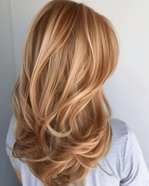 Zdjęcie kobiety od tyłu, prezentujące fryzurę po koloryzacji na truskawkowy blond. Włosy sięgają łopatek i są falowane. Kobieta jest ubrana w szary top.