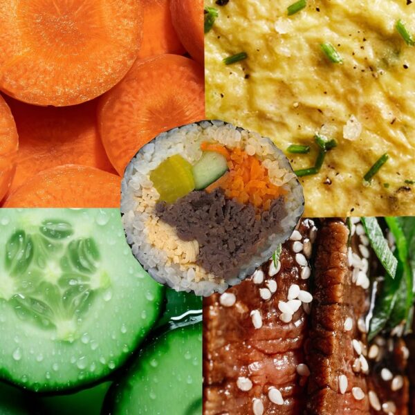 Kolaż przedstawiający składniki klasycznego kimbapa (koreańskiego odpowiednika sushi): plasterki marchwi, ogórek, jajko, grillowana wołowina w sosie, oraz centralnie umieszczony przekrój gotowego kimbapa zawiniętego w ryż i nori z widocznymi warstwami składników w środku.