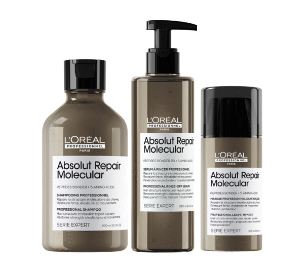 Zestaw profesjonalnych kosmetyków do włosów z linii Absolut Repair Molecular od L’Oréal Professionnel Paris, zawierający szampon, serum i maskę. Produkty w eleganckich butelkach w odcieniach beżu i czerni z czytelnymi etykietami.