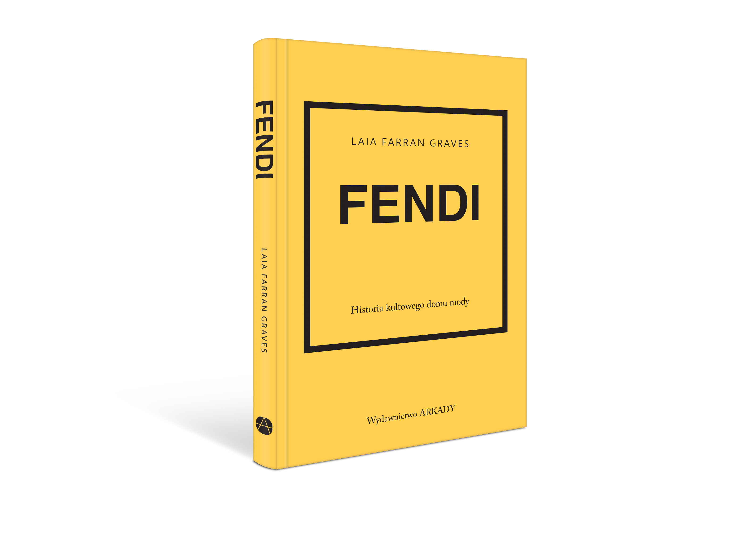 Trójwymiarowa wizualizacja książki Fendi. Historia kultowego domu mody w wydaniu twardookładkowym, w kolorze żółtym z czarnymi napisami. Publikacja jest częścią prestiżowej serii Little Book of Fashion, ukazującej historię największych marek luksusowych.