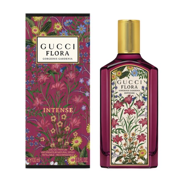 Luksusowe perfumy Gucci Flora Gorgeous Gardenia Eau de Parfum Intense w pojemności 100 ml, przedstawione w oryginalnym, fuksjowym flakonie oraz opakowaniu ozdobionym motywem bujnych, barwnych kwiatów. Design nawiązuje do kultowego wzoru Flora z 1966 roku autorstwa Vittorio Accornero. Flakon posiada złotą nakrętkę oraz etykietę z napisem "Intense", podkreślającą głęboki, zmysłowy charakter zapachu.