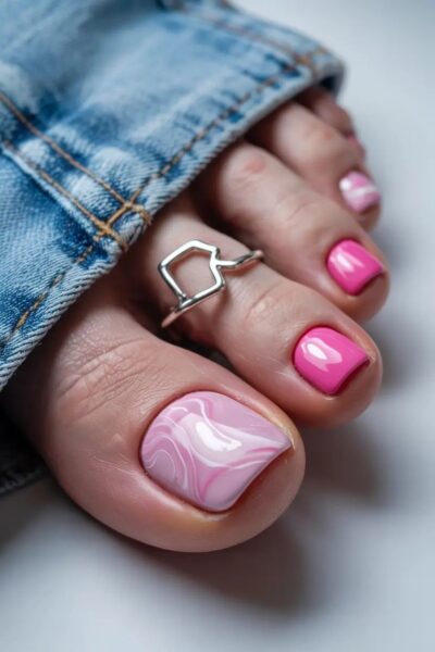 Pedicure na sierpień 2025: Pedicure w odcieniach różu z efektem fal retro – duży palec zdobiony abstrakcyjnym wzorem marmurkowym, pozostałe paznokcie w jednolitym, intensywnie różowym kolorze. Stylizacja jest zabawna, letnia i pełna energii, a całość uzupełnia srebrny pierścionek w geometrycznym kształcie.