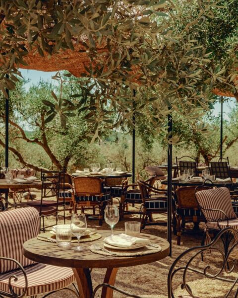 Zdjęcie restauracji na wyspie Ibiza. Restauracja jest na wolnym powietrzu. Widać okrągłe stolik i mnóstwo krzeseł. W tle widać naturalną, bujną roślinność wyspy.