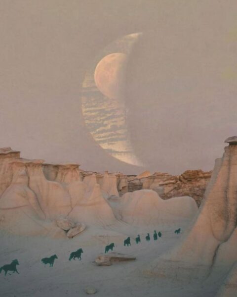 Ilustracja w ezoterycznym stylu. Jest na niej wielki wąwóz, a przez jego środek przebiega rząd koni. Nad nimi wznosi się wielki sierp Księżyca w nowiu.