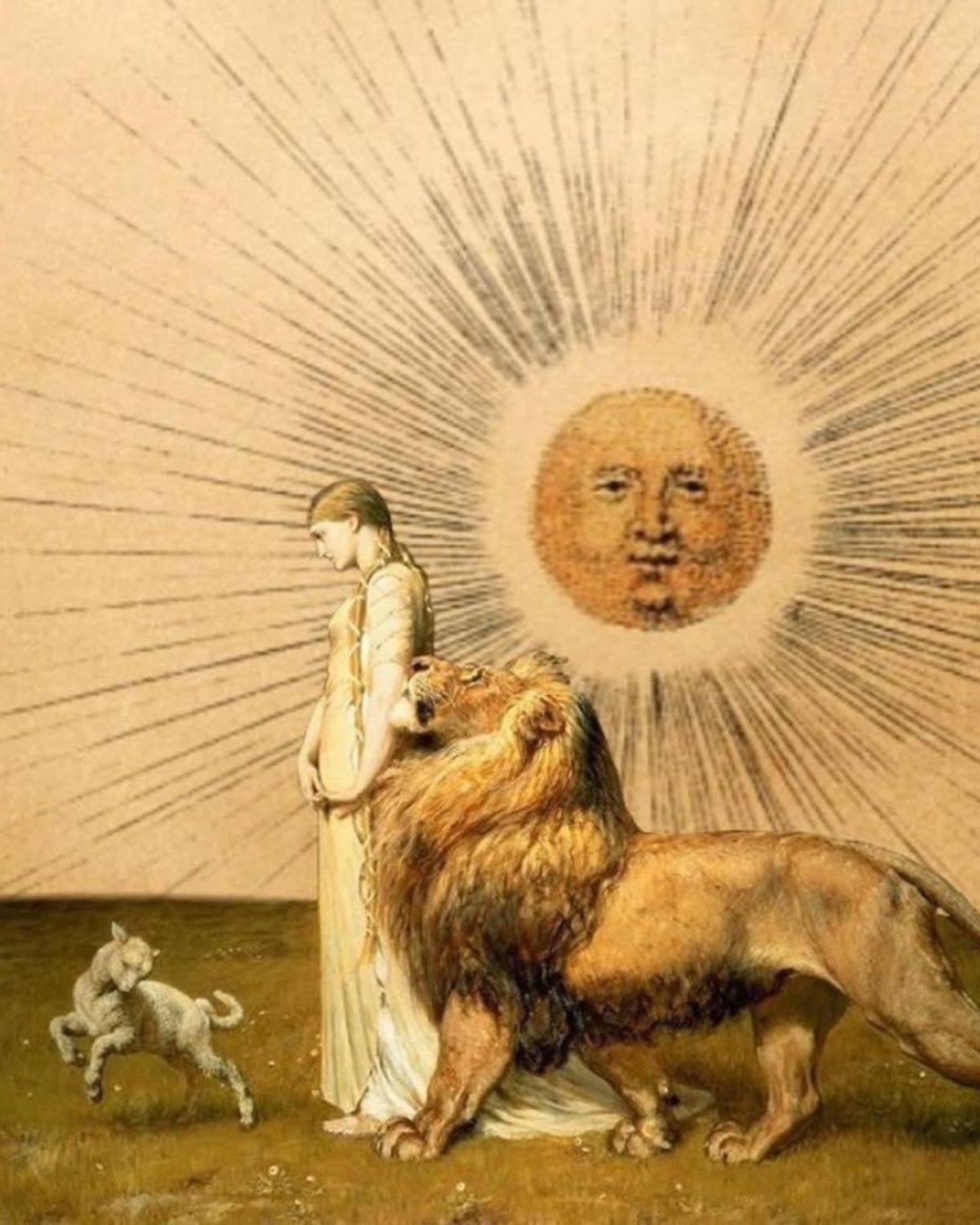 Ilustracja w stylu ryciny utrzymana w kolorystyce sepii. Symbolizuje złączenie Słońca z Ketu w znaku Lwa. Widać kobietę długimi włosami, w długiej sukni, z lwem u boku, z barankiem przed nią. W tle widać wielkie Słońce z szerokimi promieniami.