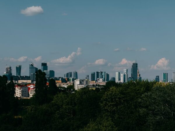 Panorama Warszawy z widokiem na nowoczesne wieżowce centrum i otaczającą je zieleń w słoneczny dzień