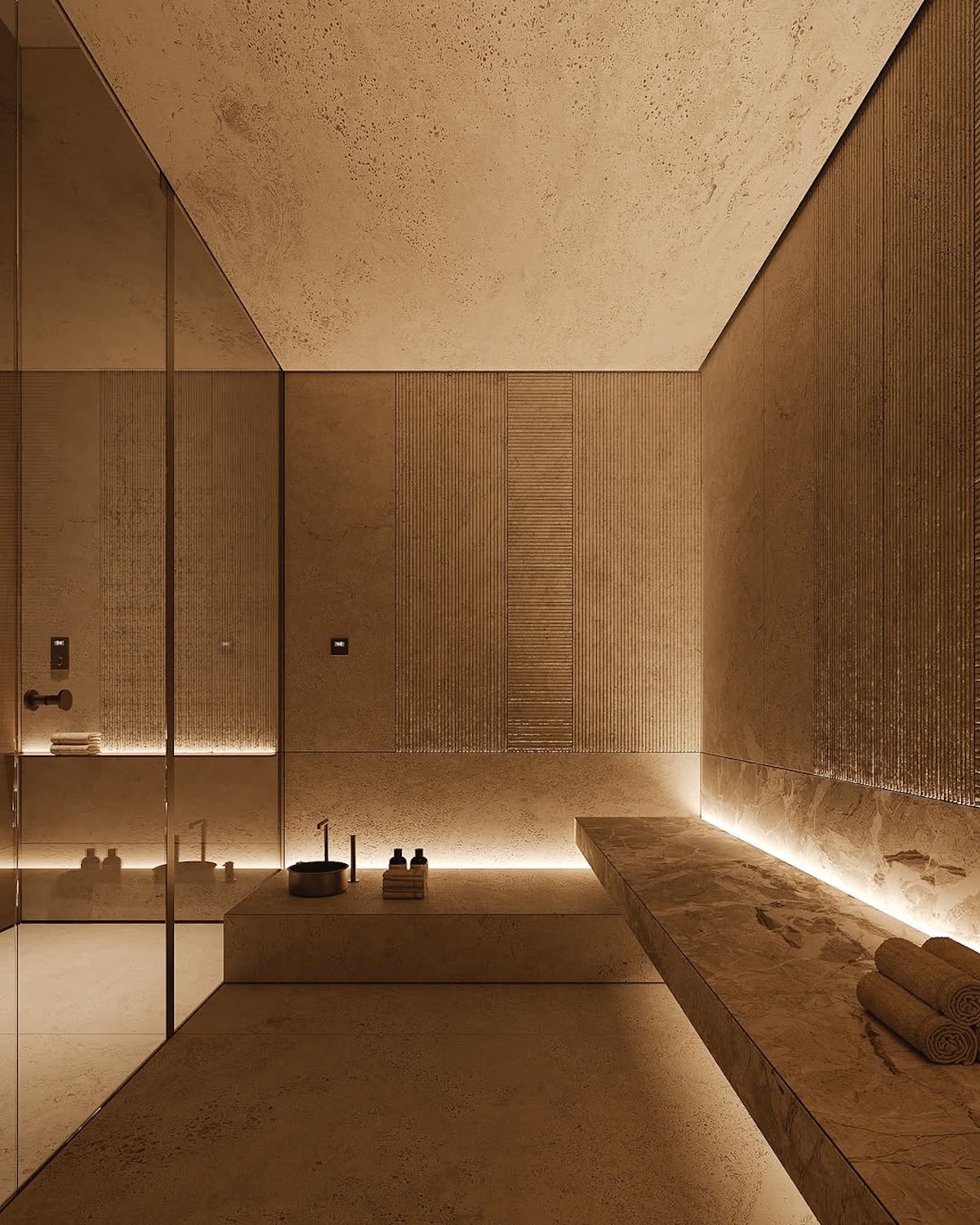 Eleganckie wnętrze nowoczesnej sauny lub łaźni z kamiennymi ścianami, nastrojowym oświetleniem LED i minimalistycznym wystrojem