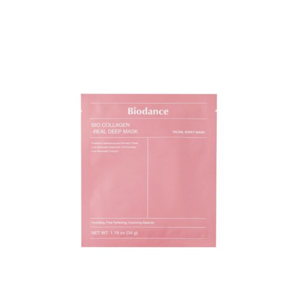 Biodance Bio Collagen Real Deep Mask – płaska saszetka w różowym kolorze, mieszcząca maskę w płachcie do twarzy, bogatą w kolagen i kwas hialuronowy, zaprojektowana do intensywnego nawilżania i poprawy elastyczności skóry.