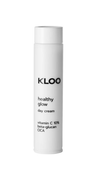Biała tuba kremu KLOO Healthy Glow Day Cream z napisem „vitamin C 10%, beta-glucan, CICA” – lekki, minimalistyczny design symbolizujący czystość formuły i filozofię pielęgnacji opartej na blasku zdrowej skóry.