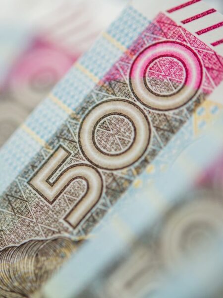 Szybka pożyczka dla zadłużonych: Waluta polska. Banknoty pięćset złotych polskich, makro zbliżenie. Rzeczpospolita Polska.