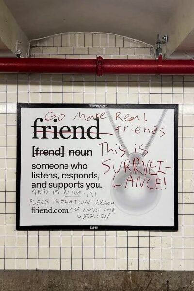 Plakat reklamowy w nowojorskim metrze przedstawiający kampanię promującą urządzenie Friend, z definicją słowa „friend” i hasłem zachęcającym do zakupu, na którym widoczne są ręcznie dopisane graffiti krytykujące technologię i nadzór, w tym frazy „Go make real friends” i „This is surveillance”