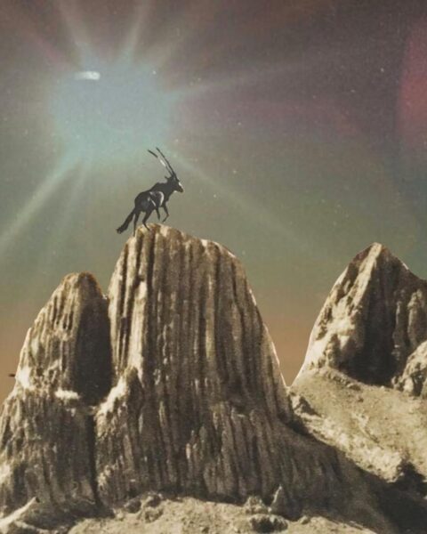 Zdjęcie w stylu kolażu przedstawiające byka stojącego na szczycie skalistej, strzelistej góry. Tło to rozgwieżdżone, ciemne niebo z intensywnie świecącym obiektem (Słońcem lub Księżycem w pełni) w lewym górnym rogu, otoczonym promieniami światła. Góry wyglądają jak piaskowe rzeźby lub sople. Całość ma nastrojowy i oniryczny klimat.