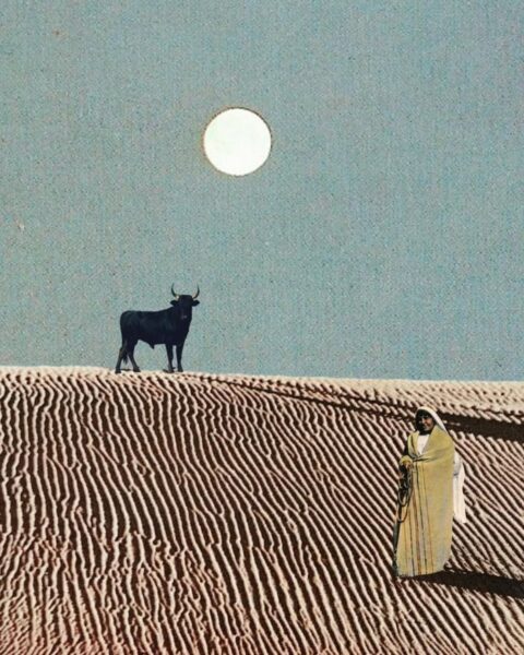 Kolaż przedstawiający surrealistyczny pustynny krajobraz. Na pierwszym planie widoczna jest wydma o wyraźnej, falistej fakturze piasku, na której stoi czarny byk oraz postać w jasnym, długim, tradycyjnym stroju. Na lekko zamglonym, jasnoniebieskim niebie góruje pełne, białe koło, symbolizujące pełnię Księżyca w Byku.