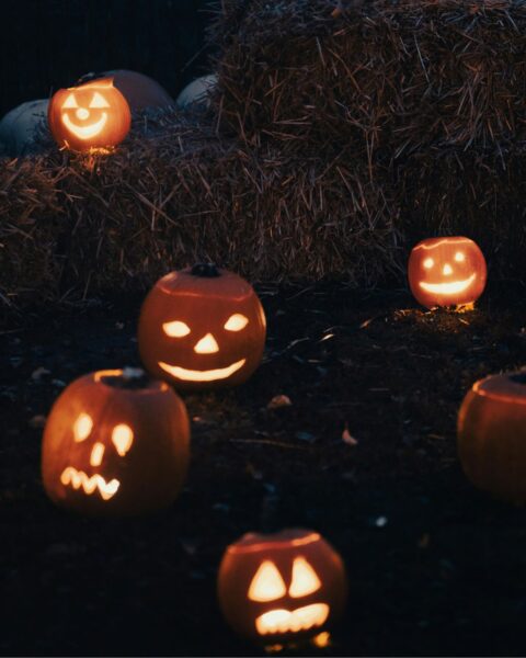 Nocny kadr przedstawiający grupę małych, rzeźbionych dyni (jack-o'-lantern) z wesołymi i upiornymi twarzami, których jasne, ciepłe światło oświetla ciemne otoczenie. Jedna dynia stoi na kostce słomy, reszta na ziemi. Dekoracja tworząca radosny i jednocześnie tajemniczy nastrój Halloween.