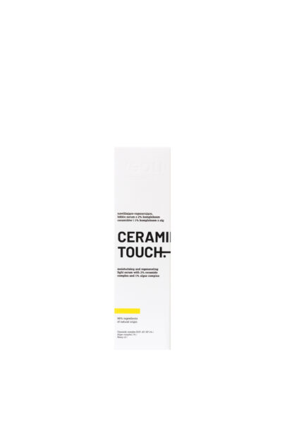 Smukłe, białe opakowanie serum Veoli Botanica Cerami Touch z czarnym napisem. Nawilżająco-regenerujące serum z kompleksem ceramidów i alg, wykonane w 99% ze składników pochodzenia naturalnego, utrzymane w minimalistycznej estetyce.