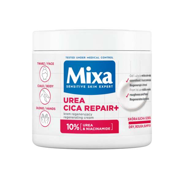 Opakowanie kremu Mixa Urea Cica Repair+ w białym słoiczku z czerwono-niebieskim logo. Wielofunkcyjny krem regenerujący do twarzy, ciała i dłoni, z 10% mocznikiem i niacynamidem, dedykowany skórze suchej i szorstkiej.