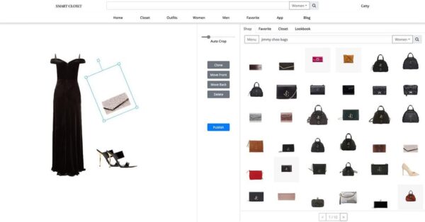 Zdjęcie przedstawia interfejs komputerowej wersji aplikacji Smart Closet, uznawanej za jedną z najlepszych aplikacji do organizacji szafy, a dokładnie do tworzenia stylizacji wieczorowych. Po lewej stronie ekranu widać czarną, długą sukienkę bez ramiączek, eleganckie sandały na wysokim obcasie oraz kopertówkę, a po prawej – panel z wyborem torebek Jimmy Choo. To świetny przykład planowania stroju na specjalne okazje.