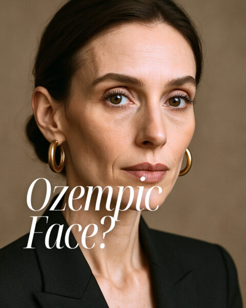 Bliskie ujęcie kobiety o wyraźnej, szczupłej twarzy z widocznymi cieniami pod oczami i lekką wiotkością. Na zdjęciu umieszczono napis "Ozempic Face?", sugerujący, że widoczny wygląd jest przykładem twarzy ozempikowej – efektu utraty objętości tkanki tłuszczowej twarzy po szybkiej redukcji wagi.