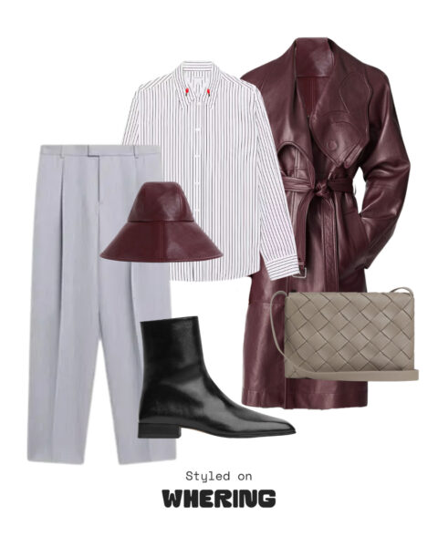 Elegancka, jesienno-zimowa stylizacja utrzymana w burgundowej i jasnoszarej kolorystyce. Zestaw składa się z długiego, skórzanego płaszcza typu trencz, jasnych, szerokich spodni i koszuli w paski. Kompozycję dopełniają bordowy kapelusz i szara pleciona torebka, co jest świetnym przykładem planowania strojów w jednej z najlepszych aplikacji do organizacji garderoby.