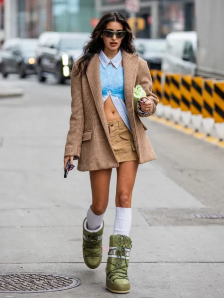 Stylizacja z nowojorskiego tygodnia mody – kobieta w brązowej marynarce w kratę, błękitnym topie zawiązanym na biuście, krótkiej beżowej mini i wysokich białych skarpetkach zestawionych z zielonymi śniegowcami Moon Boot. W dłoni trzyma małą neonową torebkę, a duże okulary przeciwsłoneczne nadają całości futurystyczny charakter. Zima 2026 trendy