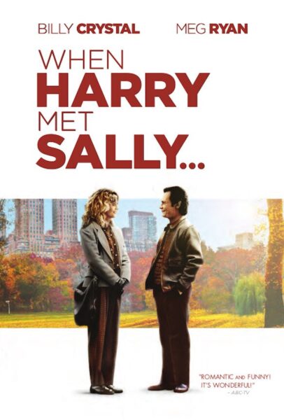 Na plakacie filmu "Kiedy Harry poznał Sally..." tytułowi bohaterowie, grani przez Billy'ego Crystala i Meg Ryan, stoją naprzeciwko siebie na tle jesiennego parku w Nowym Jorku. Film ten to absolutny klasyk gatunku komedii romantycznych, słynący z inteligentnych dialogów i chemii między aktorami. Pod zdjęciem widnieje cytat: "ROMANTIC AND FUNNY! IT'S WONDERFUL!".