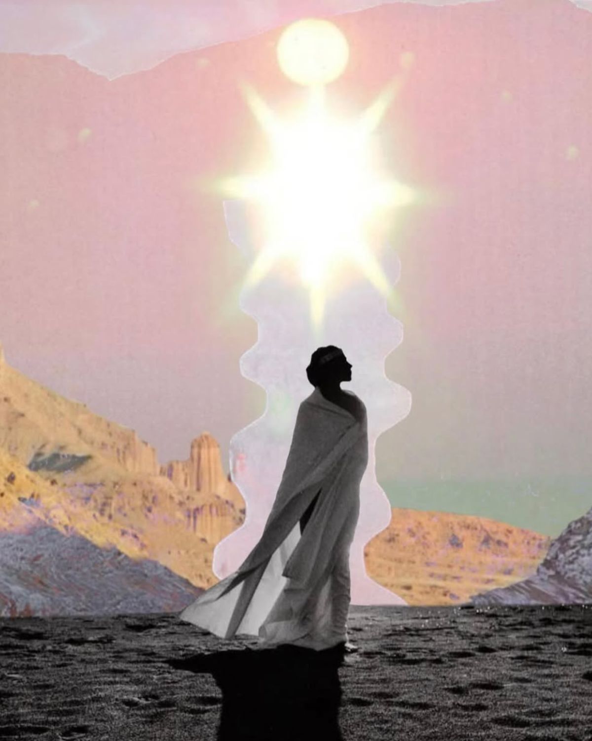 Kolaż w odcieniach pudrowego różu i beżu, przedstawiający eteryczną, kobiecą postać w powłóczystej, białej szacie stojącą na czarnym, skalistym tle. Sylwetka spogląda w górę na intensywnie świecące, stylizowane słońce lub gwiazdę. W tle surrealistyczne, pofałdowane góry. Napis: "Nature is not matter only. She is also spirit." — Carl Jung. Wenus wchodzi w Skorpiona – podróż do wnętrza w poszukiwaniu duchowego piękna i transformacji.