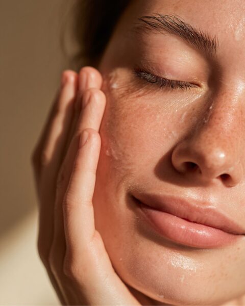 Kobieta delikatnie wmasowuje krem w policzek i skroń z zamkniętymi oczami, ciesząc się chwilą relaksu i pielęgnacji, elementem domowych rytuałów wellness. Ciepłe, naturalne światło podkreśla nawilżoną skórę.