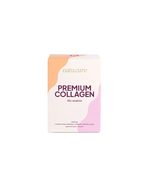 Opakowanie suplementu Natu.Care Premium Collagen – pudełko w odcieniach pastelowego różu, kremowego i morelowego. Minimalistyczna grafika i napis „Mix smaków” podkreślają charakter produktu.
