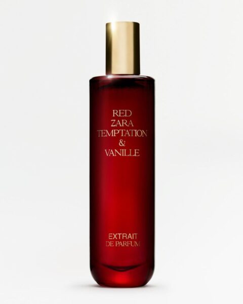 Wysoki, prostokątny flakon perfum w intensywnie czerwonym kolorze z połyskującą, złotą zakrętką. Na etykiecie widnieje napis „RED ZARA TEMPTATION & VANILLE EXTRACT DE PARFUM”. Perfumy damskie o luksusowym zapachu, pomysł na elegancki prezent urodowy.