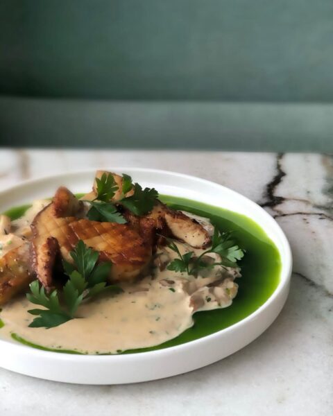 Wykwintne danie wegetariańskie z grillowanymi borowikami i boczniakami, podane na kremowym sosie śmietanowym z oliwą ziołową i świeżą natką pietruszki na marmurowym blacie; inspiracja kulinarna na restauracje otwarte w Nowy Rok 2026 w Warszawie.