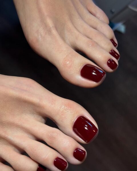 Zestaw sześciu zdjęć prezentujących luksusowy żurawinowy pedicure w klasycznym, głębokim odcieniu bordo. Na ujęciach widoczny jest idealnie błyszczący lakier na paznokciach stóp, w tym w zestawieniu z pasującym manikiurem oraz luksusowym obuwiem, podkreślając jesienno-zimowy trend w stylizacji dla kobiet z klasą.