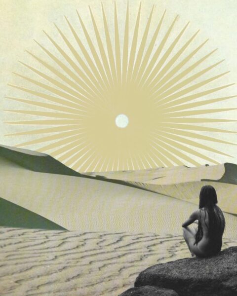 Artystyczny kolaż w stylu retro przedstawiający siedzącą tyłem kobietę z długimi, ciemnymi włosami, która kontempluje ogromne, stylizowane słońce z rozchodzącymi się promieniami nad pustynnymi wydmami; minimalistyczna estetyka w odcieniach beżu, idealna jako ilustracja dla tematu astrologia 2026.
