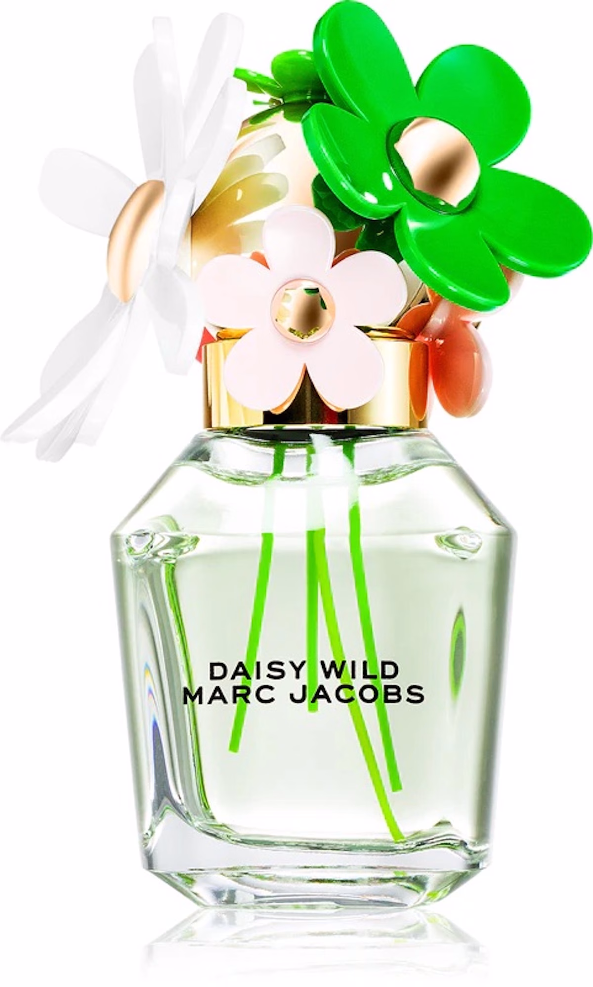 Zdjęcie produktowe Marc Jacobs Daisy Wild z charakterystycznym korkiem w kształcie kolorowych kwiatów i transparentnym flakonem w zielonym odcieniu. Ten świeży, botaniczny zapach idealnie wpisuje się w trend stokrotkowych perfum na lato 2026 inspirowanych naturą i dziką łąką.