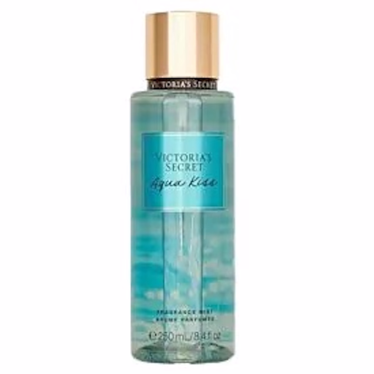 Zdjęcie produktowe Victoria’s Secret Aqua Kiss przedstawiające odświeżającą mgiełkę w turkusowym flakonie inspirowanym wodą i letnią lekkością. Ten czysty, wodno-kwiatowy zapach świetnie wpisuje się w trend stokrotkowych zapachów na lato 2026.