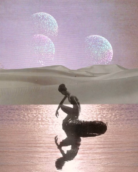 Surrealistyczna kolarz-grafika z ziarnistym wykończeniem przedstawia postać ludzką przykucniętą na platformie dryfującej po wodzie, odbijającą się w tafli. Za nią rozciągają się piaszczyste wydmy pustyni. Na pastelowo-fioletowym niebie widać trzy duże, błyszczące, fakturowane sfery przypominające planety lub księżyce.
